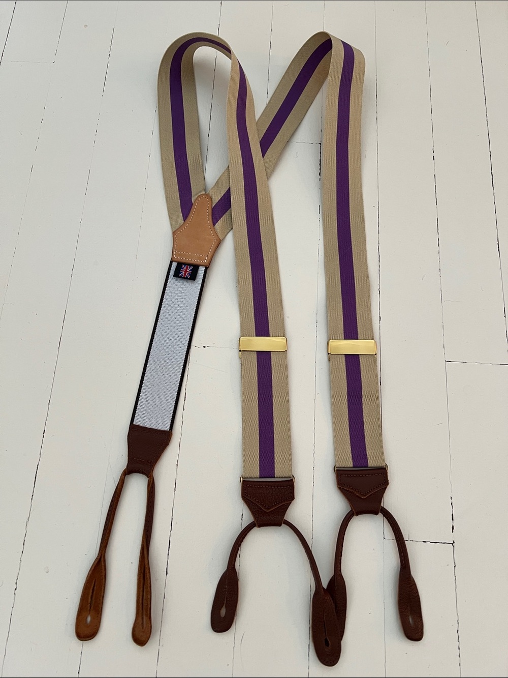 Albert Thurston Beige/Purple Striped Brown Leather Trim Suspenders